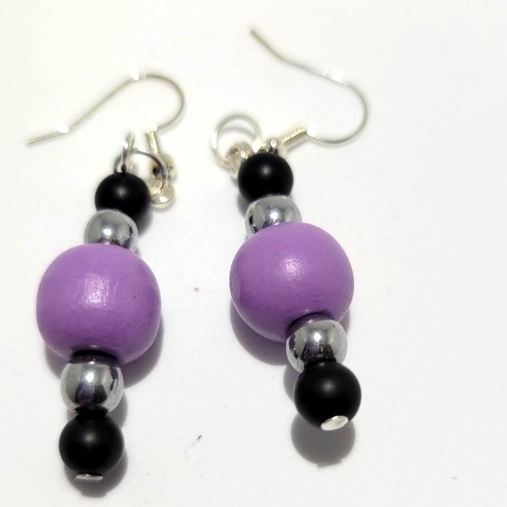 Black and Silver with Purple Wood Bead earrings